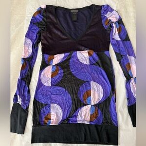 Custo Barcelona Black and Purple Geometric Long Sleeve Viscose Top